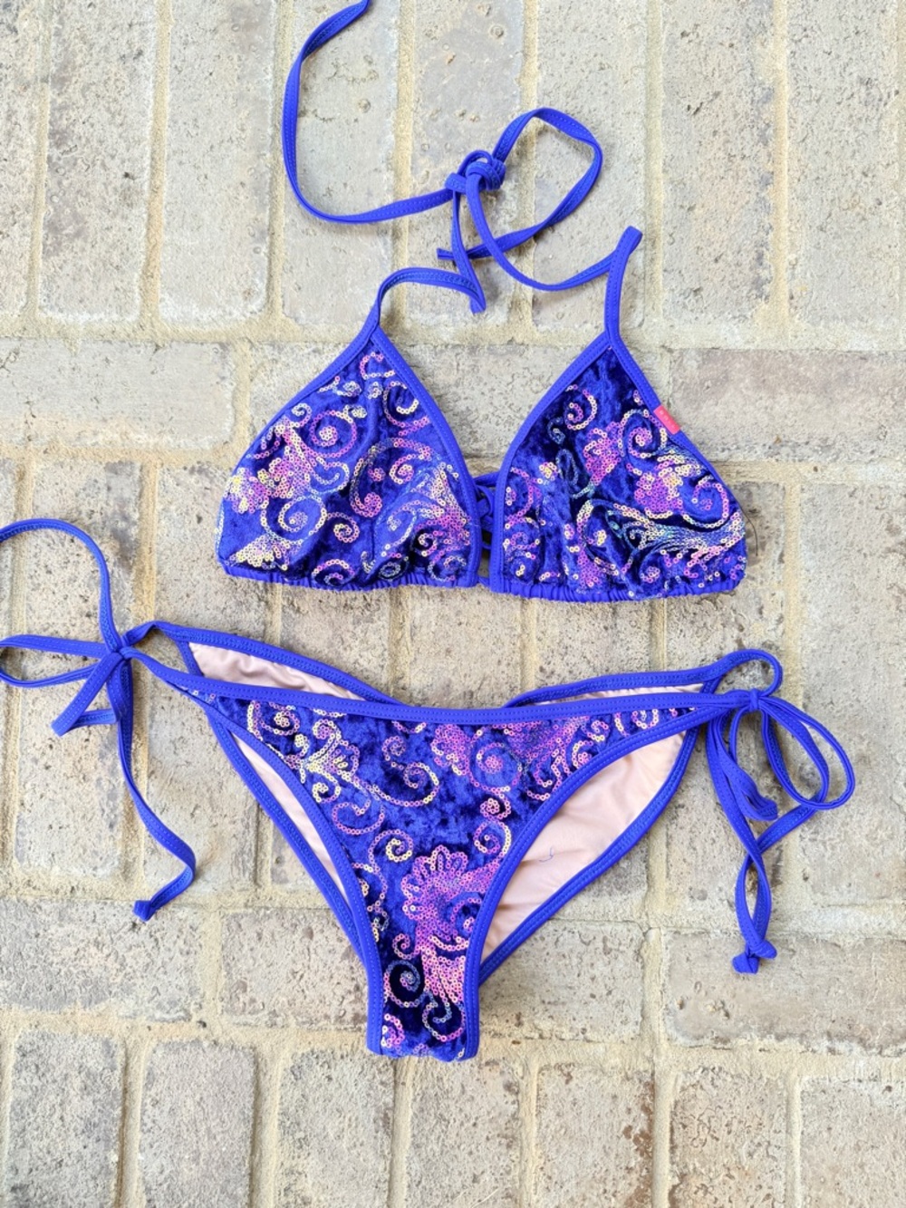 Sequin Embellished Blue Tie-Side Bikini
